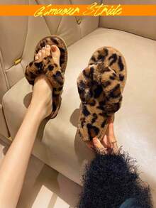 Leopard Print Fluffy Flip Flops, Women Flat Thong Sandals - Brown - View 3