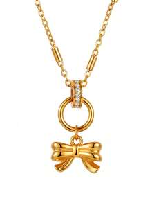 1 Bohemian 18K Gold Plated Charm Necklace, Bow, Leaf And Heart-Shaped Pendant, Suitable For Women's Party And Vacation Daily Accessories - Gold - View 7