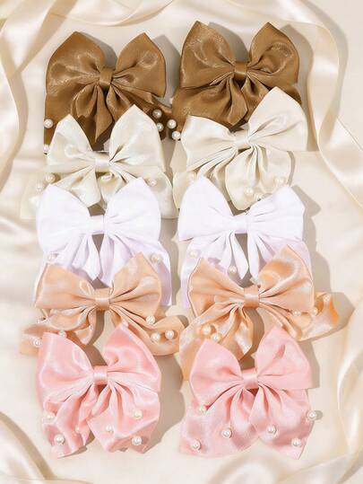 10pcs/Set Silky Bow Hair Clips For Girls, Elegant Ribbon Alligator Clip Hair Bows, Exquisite Pearl Hair Barrettes, Colorful Wedding Gifts Hairpin, Sweet Hair Accessories For Girls Teen Spring Summer