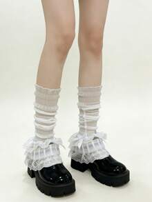 1双白色/黑色蕾丝边蝴蝶结洛丽塔风格甜美荷叶边腿套 - 彩色 - 查看 8