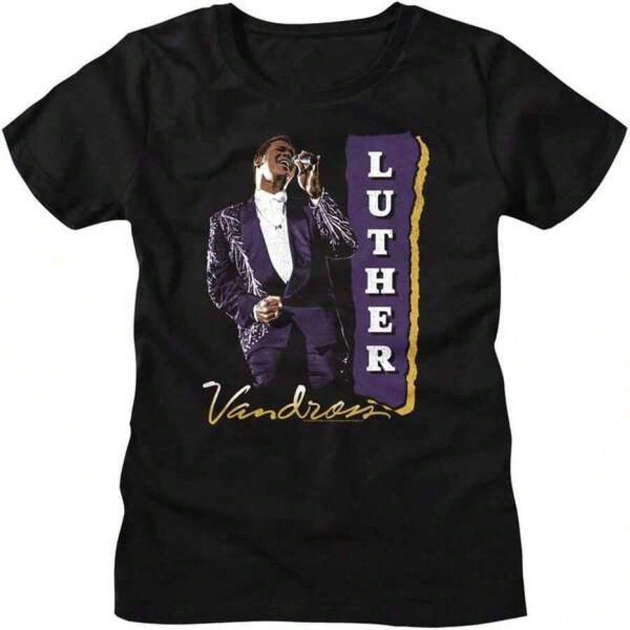 Casual Short-Sleeve T-Shirt For Summer, Suitable For Both Men And Women. American Classics Luther Vandross Women's Short-Sleeve T-Shirt, Retro Style, With R&B Music Graphics, Machine Washable, Custom Design, 180g Pure Cotton T-Shirt. Loose-Fitting, Breathable, And Versatile Casual Top - 黑色 - 查看 1