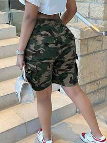 Women's Drawstring Elastic Waist Multi-Pocket Loose Straight Leg Cargo Denim Shorts - Army Green 4 - View 1