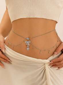 1 chiếc dây đeo rốn hình hoa, giọt nước, bướm đính đá Zirconia bằng đồng, dây đeo eo tua rua đính đá lấp lánh gợi cảm kiểu bãi biển, thích hợp để đeo hàng ngày. - Bạc - Xem 4