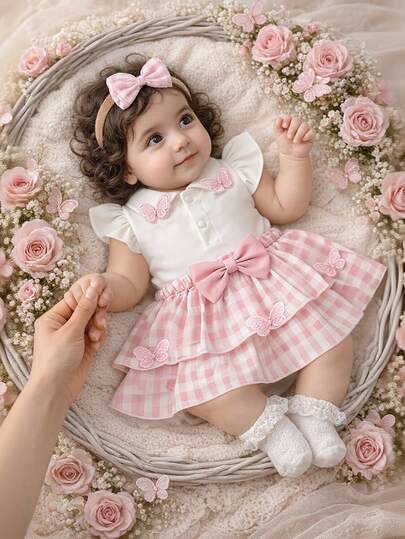 H HIBOBI 3pcs Baby Girl White Polo Collar Ruffle Sleeve Romper With 3D Butterfly Applique And Button Hem; Pink Plaid Layered Skirt With Bow Waist And Hem; Matching Bow Headband; Soft & Comfortable, Suitable For Summer Wear.