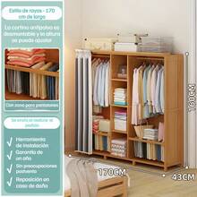 Armario De Madera Organizador De Ropa Moderno Con Cortina, Armario Multifuncional Para Dormitorio - Marrón (a rayas) - Ver 2