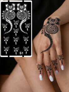 Hana手绘镂空花卉纹身模板 - 性感花卉图案，适用于手部、DIY绘画、墨水，可重复使用的曼陀罗设计模板贴纸，适合女性身体派对妆容 - 黑色 - 查看 1