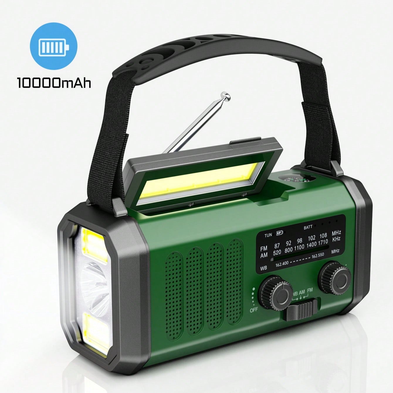 Radio di emergenza da 10000 mAh, radio solare, radio a manovella, radio meteorologica AM FM, 3 metodi di ricarica, batteria ai polimeri, torcia e lampada da lettura, allarme SOS 