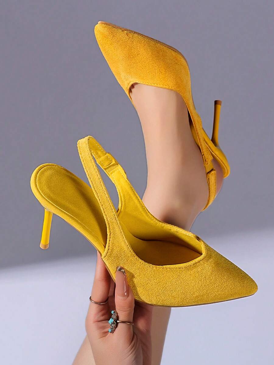 10cm High Heel Pointed Toe Hollow Out Formal Dress Sandals, Elegant Yellow High Heels Suitable For Weddings And Parties - Yellow - View 1