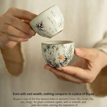 4Pcs Ru Kiln Ink Bamboo Pattern Crackle Glaze Tea Cups Ceramic Kung Fu Tea Set Personal Tasting Cups Host Guest Teacups Home Office Tea Ceremony Supplies