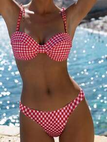 Women's Summer Red Plaid Print Bikini 2-Piece Set, Girly Style, Push-Up Bikini, Underwire Bikini, Beach Holiday Outfit, Swimwear, Women's Summer Dress, Women's Summer Clothing, Festival, Ibiza Island Outfit, Women's Swimsuit, Bikini Set, Women's Swimwear, Women's Beach Outfit, Holiday Set, Beach Dress, Women's Bikini Set - Multicolor - View 8