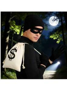 4pcs/Set Thief Costume, Including 1 Dollar Money Bag, 1 Pair Black Gloves, 1 Mask, 1 Black Hat - Suitable For Theme Parties, Cosplay, Treasure Hunters, Halloween Parties, Role-Playing, Team Building Activities, Funny Dress-Up - Black - View 9