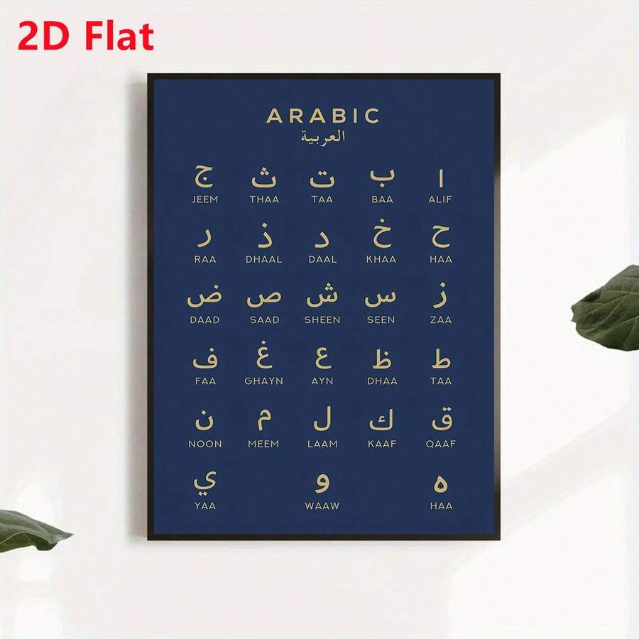 2D Flat Frameless Arabic Alphabet Poster - Navy Blue And Gold Canvas Language Learning Chart - All 28 Letters With English Phonetic Symbols - Simple Arabic Calligraphy Wall Decor, Suitable For Classrooms, Homes, And Offices - Ideal Gift For Arabic Language Students And Teachers - Modern Calligraphy Art, Textured Design, 2D Flat - A - View 1