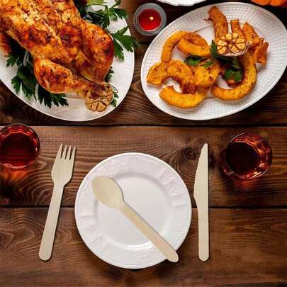 50 piezas Juego de cubiertos desechables de madera (cuchara, tenedor, cuchillo), adecuado para fiestas, festivales, cumpleaños, bodas y decoración del hogar, incluye cuchara para helado, cuchara para pastel, tenedor para ensalada y postre, suministros de cocina, regalos de Navidad, suministros para estudiantes, etc.