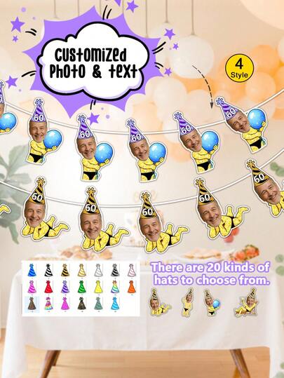 7/14/21pc Biểu ngữ mũ sinh nhật nam tùy chỉnh với ảnh khuôn mặt, Biểu ngữ trang trí sinh nhật cá nhân hóa, Thiết kế thân màu vàng lấp lánh, Trang trí tiệc sinh nhật lần thứ 40, 50, 60, Đồ dùng tiệc độc thân, Biểu ngữ tiệc nghỉ hưu, Biểu ngữ tiệc sinh nhật vui nhộn, Món quà lý tưởng cho người có sinh nhật, cha mẹ và người tổ chức tiệc, Cờ vui nhộn