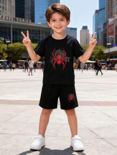 2pcs/Set Young Boy Fashionable Casual Cute Spider Graphic Soft Round Neck Short Sleeve Tee And Shorts Set, Summer