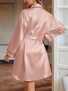 1pc Women's Solid Color Elegant Tie-Waist Lightweight Sexy Short Robe, Silk Comfortable Sleepwear For Home Use - Baby Pink - View 3