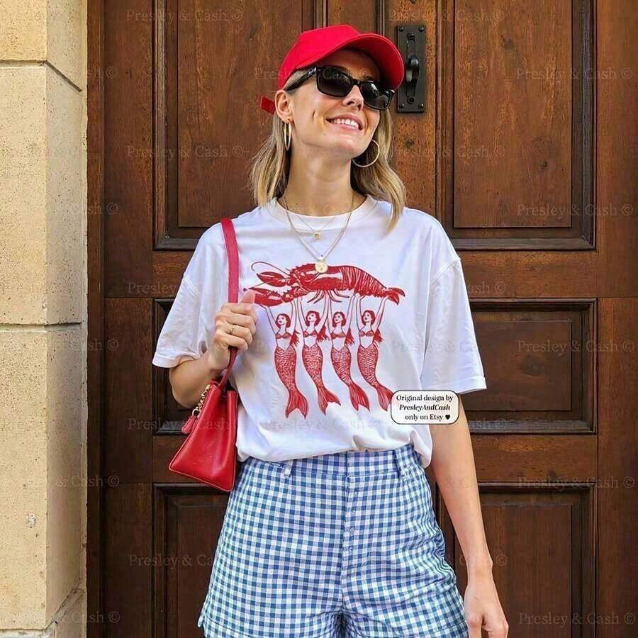 Lobster Graphic Fisherman Aesthetic Shirt Mermaid Lobster Shirt Y Coastal Italian Summer Clothes - High-Quality Pure Vintage Cotton T-Shirt Summer Outfits For Women Graphic Tees With Minimalist Printing, Suitable For Office Casual Wear, Spring And Summer Daily Appearance, White Shirt - 2026 New Women's Short-Sleeve T-Shirt - Graphic T-Shirts - Summer Tops - 2026 New Summer Outfits For Women - Vacation Outfits Women - 白色 - 查看 1