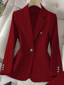 Women's Spring/Summer Fashionable Elegant Solid-Color Single-Layer Unlined Single-Button Long-Sleeve Flat Lapel Waist-Defining Blazer And Pants Two-Piece Set - Burgundy - View 3