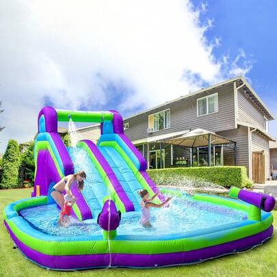 Double Water Slide Combo With Large Pool And Water Gun - Vibrant Purple & Green Fun For Backyard Summer Parties And Gatherings - Perfect Waterslide(Purpleand Green ) (Oxford Material)