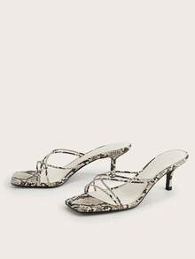 Snake Skin Pattern Open Toe Slip-On High Heel Sandals With Stiletto Heel - Multicolor - View 3