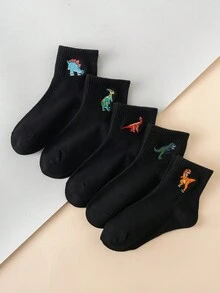 5双趣味个性卡通恐龙刺绣设计时尚百搭儿童中筒袜，适合日常穿着 - 黑色 - 查看 5