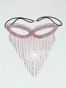 1pc Long Tassel Multi-Layer Crystal Headpiece Mask, Glamorous Party Ball Jewelry Accessory For Women, Head Chain - Silver - View 2