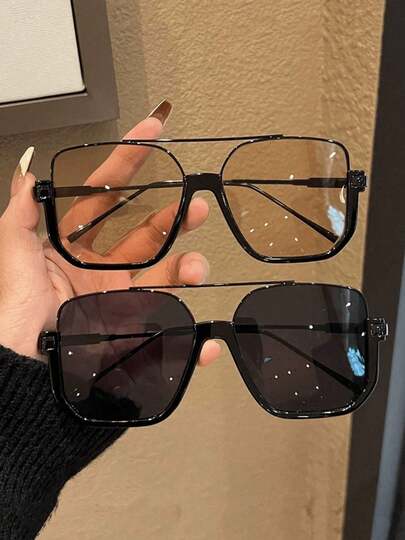2 piezas/1 pieza Gafas de aviador retro, Gafas decorativas con lentes cuadradas de doble puente multicolor para mujeres y hombres