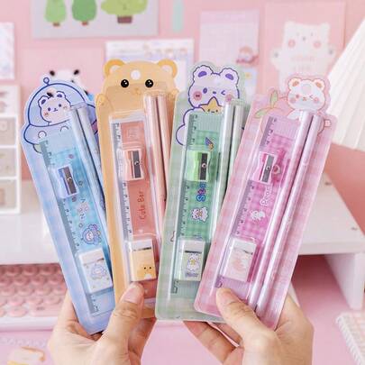 Back To School Cartoon Stationery Set, Student Pencil Set, Brand New 5-Piece Set With Eraser And Pencil Sharpener
