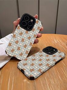 1个简约个性蓝色格子熊印花竖条纹仿皮软壳手机壳，适合作为礼物送给朋友和爱人，兼容苹果 17/17AIR/17PRO/17PROMAX - 彩色 - 查看 2