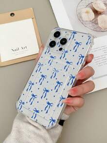 1pc Shockproof High Transparent Card Slot Soft Phone Case, UV Printed Hollow Blue Heart & Bow Pattern TPU Protective Cover Compatible With IPhone 16 Pro Max, Galaxy S25 Ultra, 14C, Pixel 7 - Multicolor - View 3