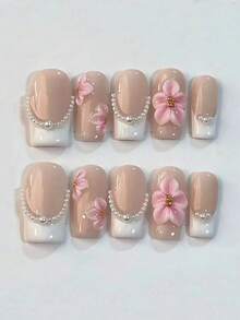 10片粉色3D立体花朵方形美甲贴纸，法式优雅少女珍珠美甲装饰，Y2K手工美甲配件，适合日常佩戴，美甲贴纸，美甲用品 - 彩色 - 查看 1