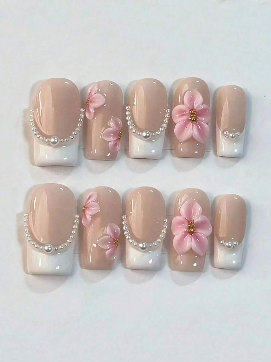 10片粉色3D立体花朵方形美甲贴纸，法式优雅少女珍珠美甲装饰，Y2K手工美甲配件，适合日常佩戴，美甲贴纸，美甲用品 - 彩色 - 查看 1