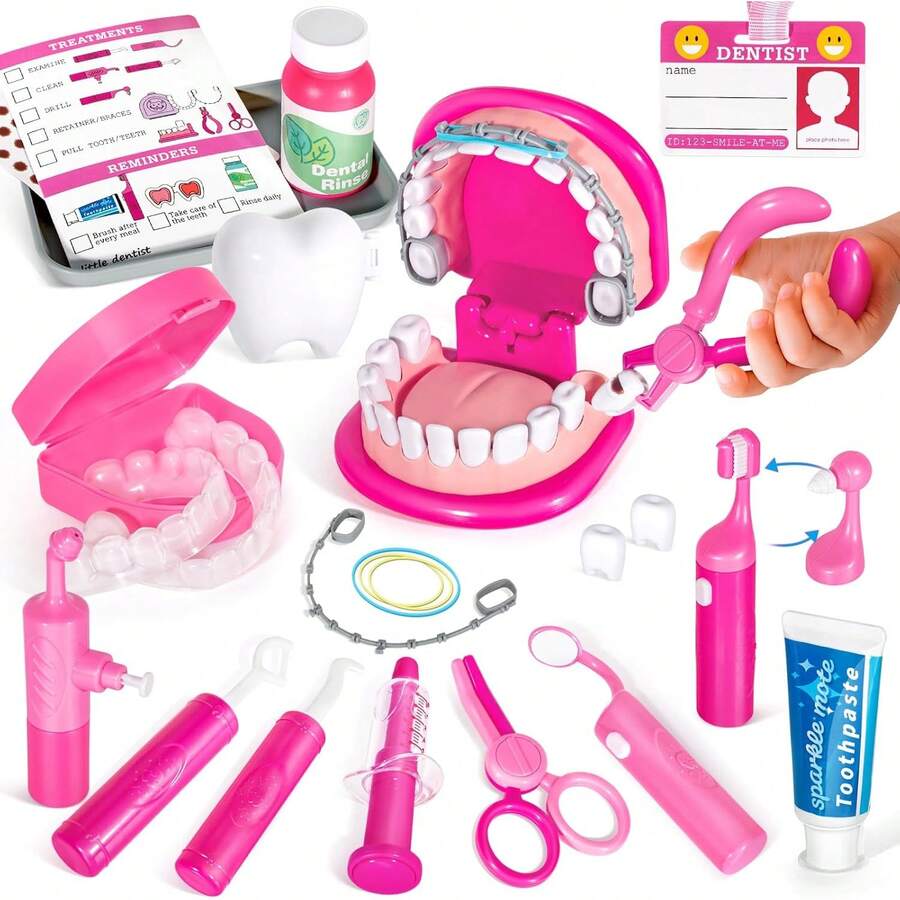 2026 Spring & Summer Kids Dentist Play Set Pink Fushia With Braces, Removable Teeth & Retainer, Educational Doctor Kit For Toddlers 3-5, Pretend Play Medical Toys For Girls Ages 4-7, Ideal For Holiday, Home Relaxation & Birthday Gifts - Fuchsia - View 1