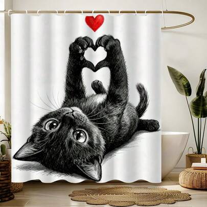 1件装时尚简约心形猫咪浴帘，现代卡通动物印花浴帘，适用于各种房间门窗、浴室装饰隔断、浴室配件。