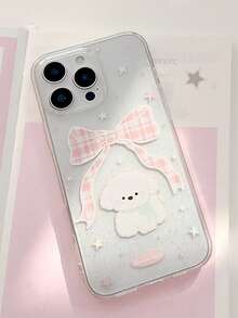 Cute Puppy Transparent Glitter Plaid Blue Bow Dog Protective Case, Anti-Drop Full Coverage Phone Case, Suitable For IPhone11/12/13/14/15/16/17/PROMAX - Pink - View 4