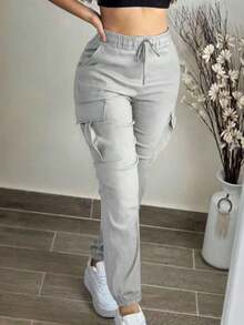 Women's Fashion Elegant Solid Color Casual Pocket Elastic Waist Drawstring Cargo Pants - Hồng 25 - Xem 5