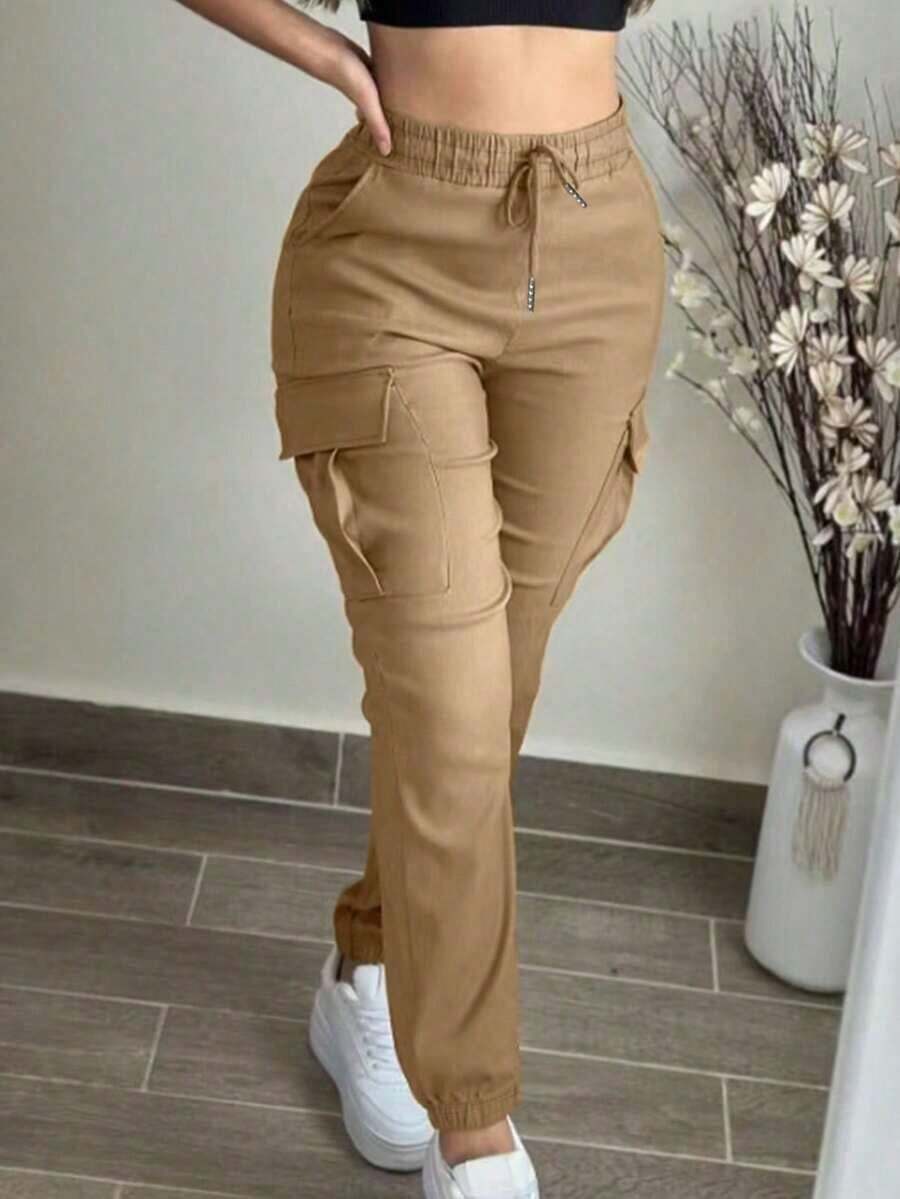 Women's Fashion Elegant Solid Color Casual Pocket Elastic Waist Drawstring Cargo Pants - 卡其色 - 查看 1