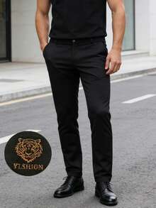 Men's Classic Tiger Head Embroidery Suit Pants, Straight Leg Casual Trousers Suitable For Business Occasions And Gatherings, All Seasons - Black - View 1