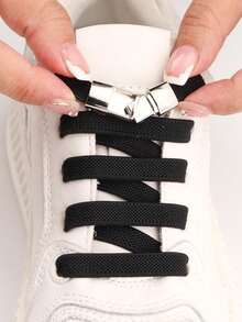 2pcs No-Tie Shoelaces With Buckle, White Polyester Unisex Accessories For Shoes For Women Men Sneakers Shoes, Casual Shoes,White Shoes,Basketball Shoes,Trainers Running Shoes Summer, Shoes Accessories Gifts Ideas - 黑色 - 查看 3