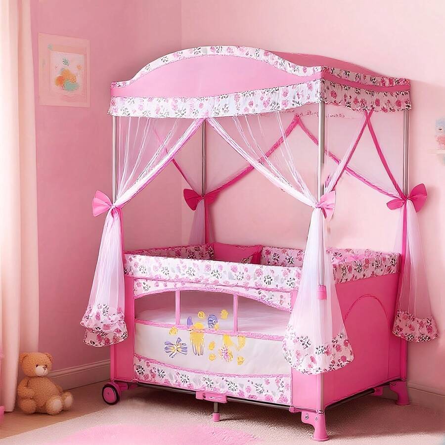 Corral Bebe Toldo Cuna Movil Mosquitero Plegable 4 Colores Rosa - Rosa - Ver 1