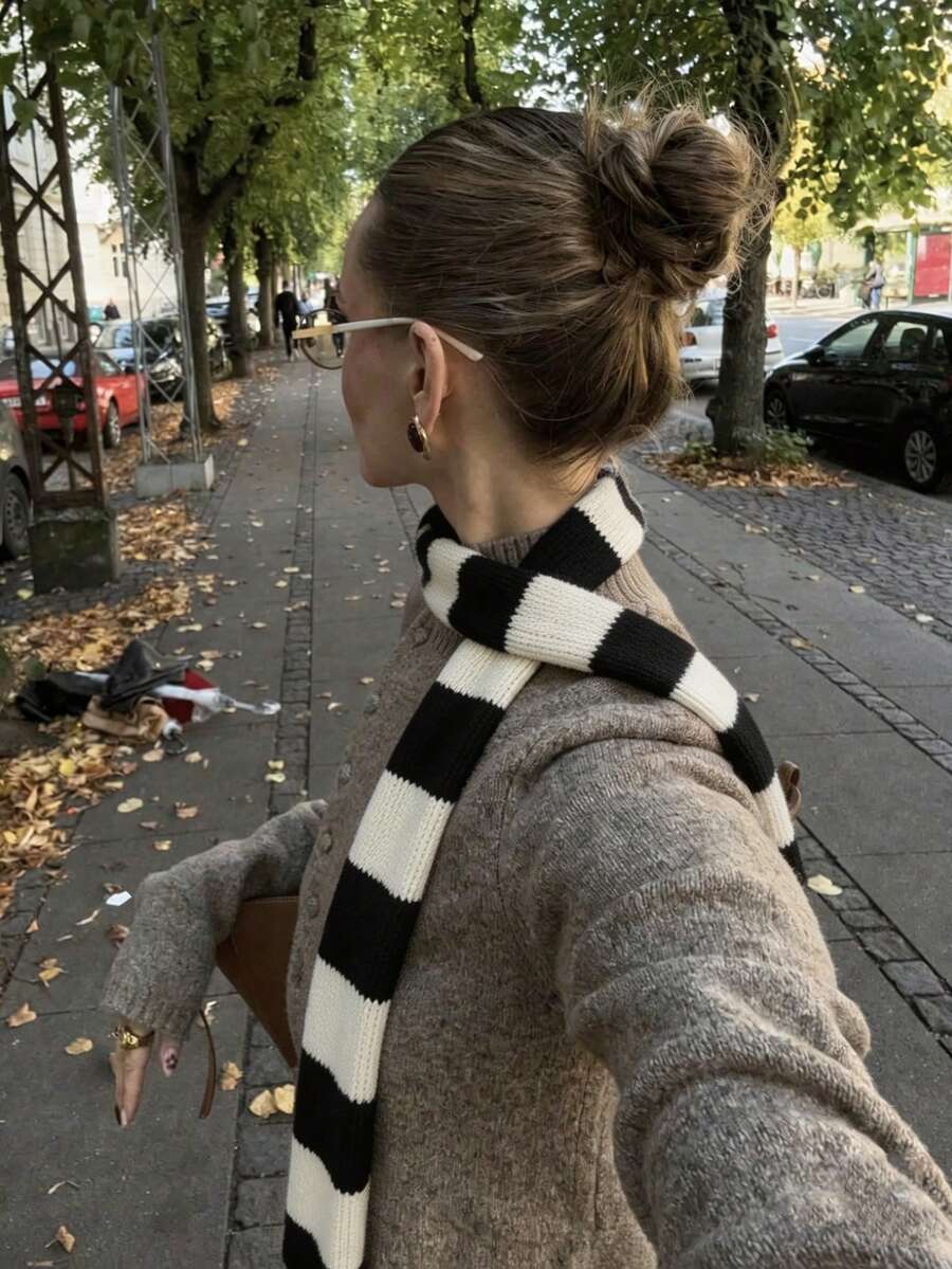 1条Y2K朋克摇滚条纹图案细围巾，适合日常佩戴 - 黑白 - 查看 1