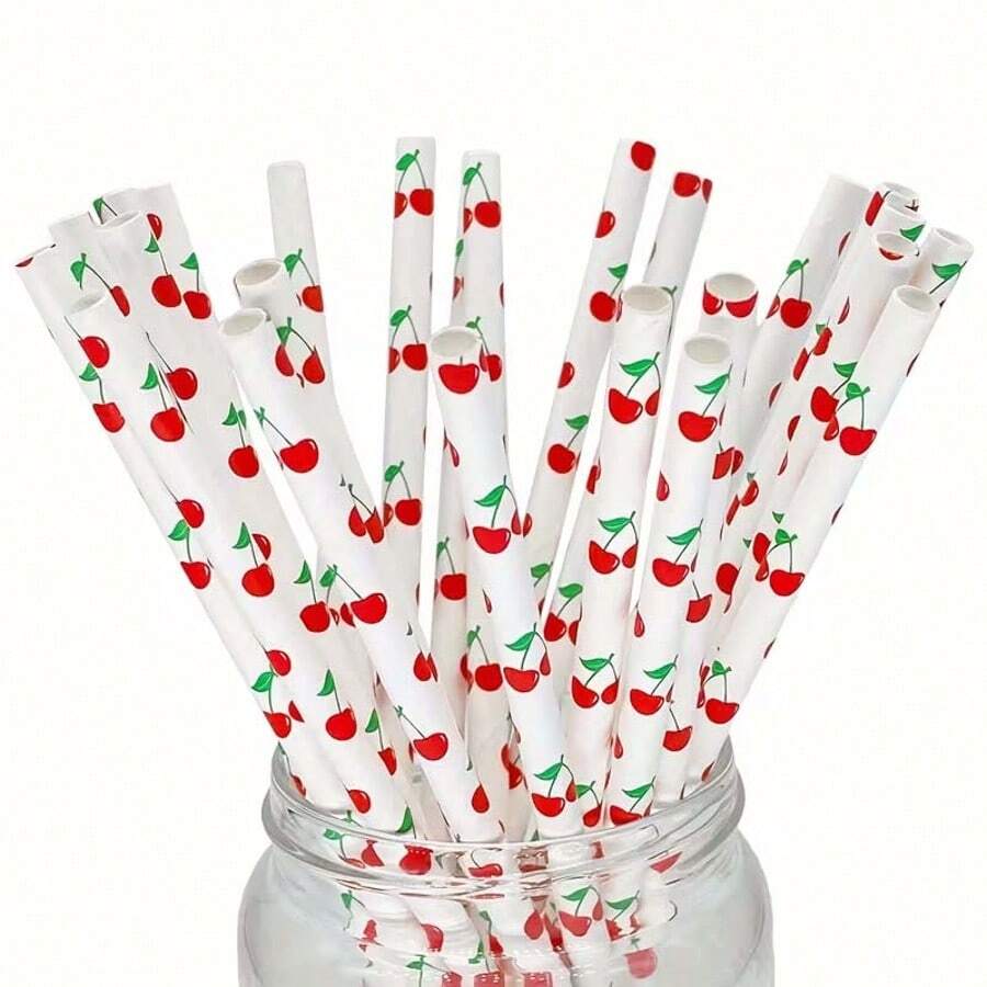 50/100 Peças Canudos de Papel com Padrão de Cereja de Fruta de Verão, Para Decoração de Bebidas, Natal, Ano Novo, Dia dos Namorados, Presentes de Formatura, Material - Visão 1