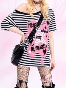 Women's Punk Goth Style Black And White Stripe Asymmetrical Off-Shoulder Short-Sleeve T-Shirt, Loose And Comfortable, Rose Heart Graffiti Print Top, Street Style For Summer Fashionable And Edgy Outfits, Perfect For Parties, Dates, Daily Outings And Music Festivals - Multicolor - View 5