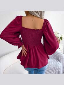 Long-Sleeved Chiffon Blouse With Ruffles And Square Neckline | Casual Style, New Spring/Summer Collection - 酒紅色 - 查看 6