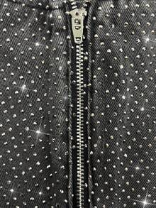 Women's Summer-Autumn Black Rhinestone Denim Cargo Shorts, High-Waist Stud Front Zipper Utility Hot Pants With Flap Pockets, Street Style Nightclub - Black - View 6