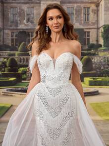 HEARBOBO Elegant Luxurious Medieval White Lace Embroidered Ball Gown, Tulle Mermaid Wedding Dress - White - View 3