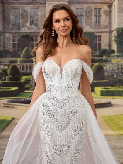 HEARBOBO Elegant Luxurious Medieval White Lace Embroidered Ball Gown, Tulle Mermaid Wedding Dress