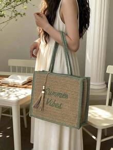 Nouveau sac fourre-tout à la mode en paille, sac à épaule polyvalent et grande capacité pour femmes, pour usage quotidien, travail, shopping - Multicolore - Voir 4