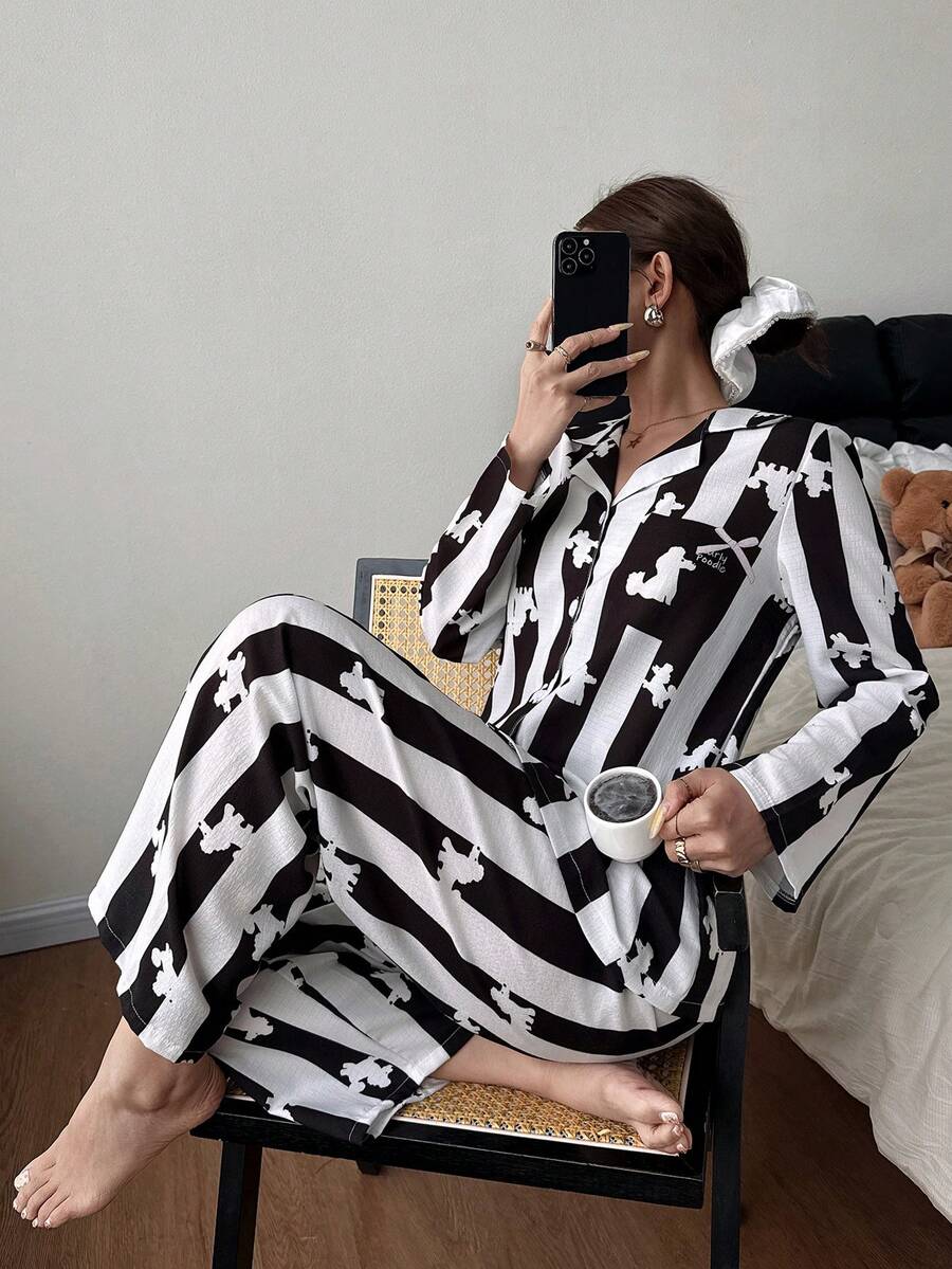 Dreamivo 女士印花舒适休闲睡衣套装，春夏款 - 黑與白 - 查看 1