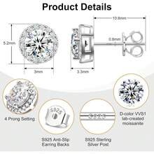 Moissanite Earrings For Men, Solid S925 Sterling Silver And 18K Golden Plated Halo Stud Earrings For Women Valentine's Day Mother's Day Gifts - D Color VVS1 Hypoallergenic Dainty Moissanite Jewelry For Sensitive Ear, 0.2CT-10CT, 3-11mm - 銀色 - 查看 8